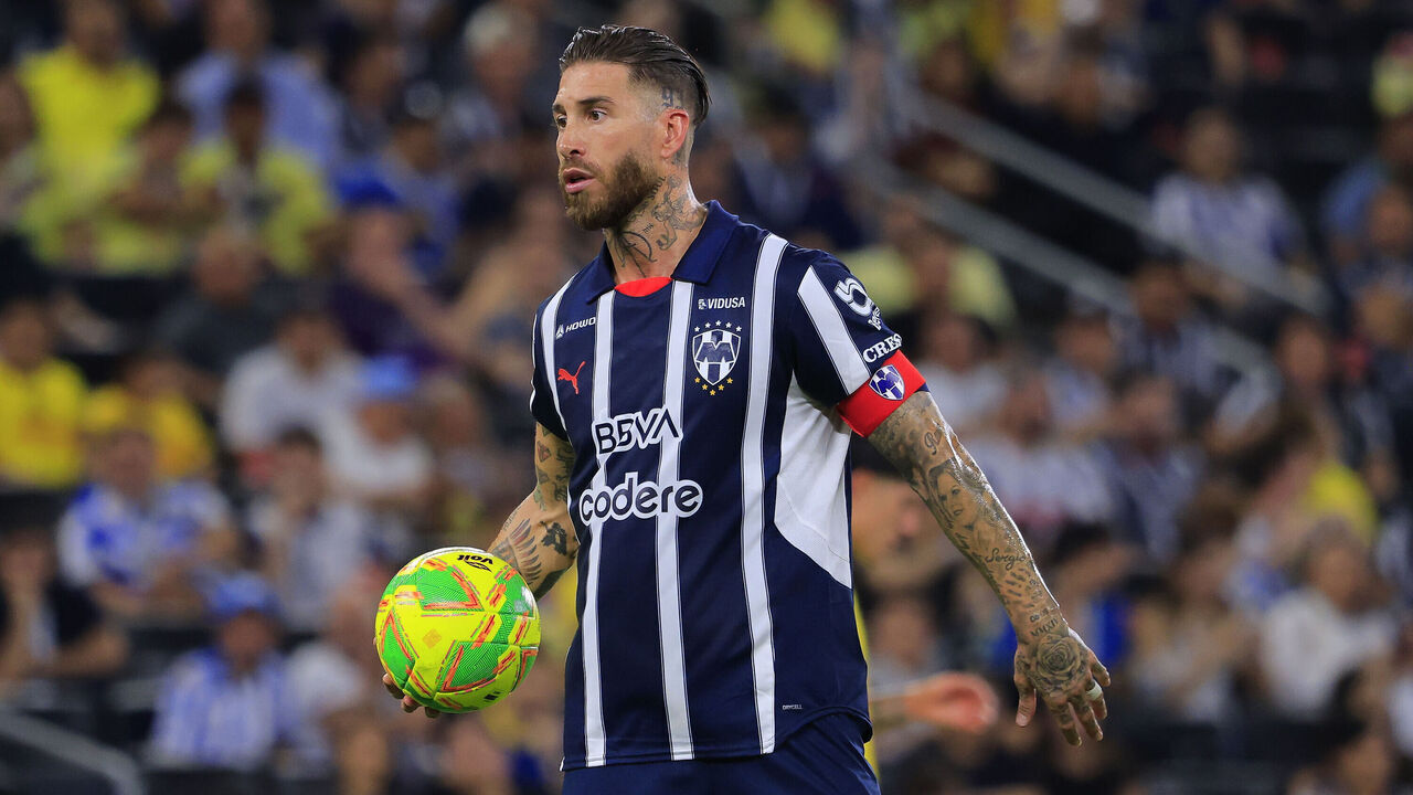 MONTERREY, MEXICO - APRIL 16: Sergio Ramos of Monterrey holds the ball during the 16th round match between Monterrey and America as part of the Torneo Clausura 2025 Liga MX at BBVA Stadium on April 16, 2025 in Monterrey, Mexico.