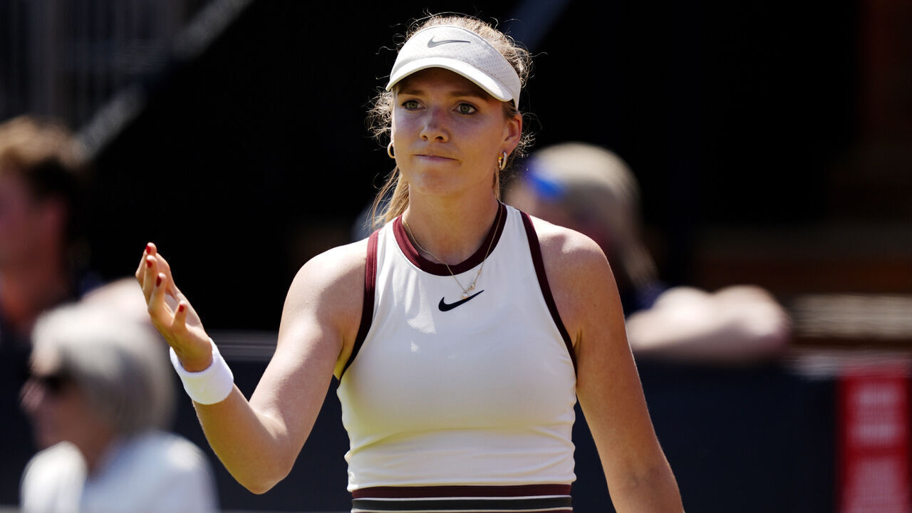 Katie Boulter reacts during her match against Diana Shnaider on day four of the HSBC Championships at The Queen's Club, London. Picture date: Thursday June 12, 2025.