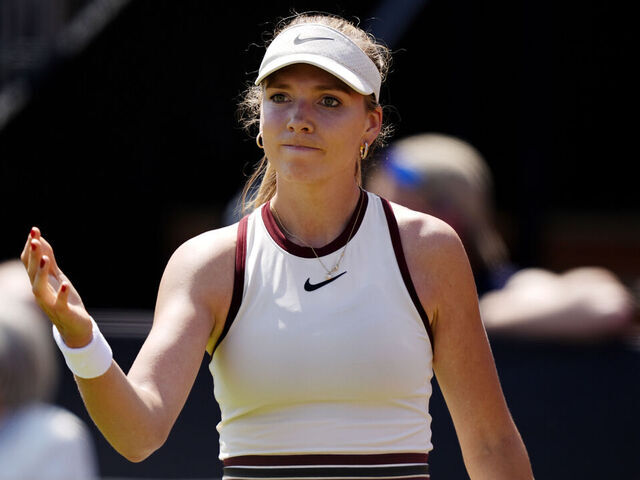 Katie Boulter reacts during her match against Diana Shnaider on day four of the HSBC Championships at The Queen's Club, London. Picture date: Thursday June 12, 2025.