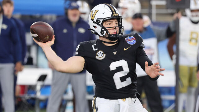 BIRMINGHAM, AL - DECEMBER 27: Diego Pavia (2) of the Vanderbilt Commodores makes a pass during the Georgia Tech Yellow Jackets game versus the Vanderbilt Commodores in the Birmingham Bowl on December 27, 2024 at Protective Stadium in Birmingham, AL.