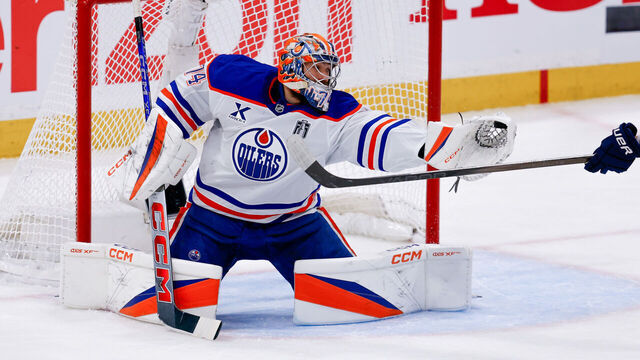 SUNRISE, FL - JUNE 12: Edmonton Oilers Goalie Stuart Skinner (74) makes a save during the Stanley Cup Final game three between the Edmonton Oilers and the Florida Panthers on June 12, 2025 at Amerant Bank Arena in Sunrise, Fla.