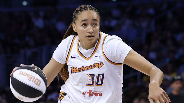 LOS ANGELES, CALIFORNIA - JUNE 01: Haley Jones #30 of the Phoenix Mercury drives to the basket on Azura Stevens #23 of the Los Angeles Sparks during an 85-80 Mercury win at Crypto.com Arena on June 01, 2025 in Los Angeles, California.