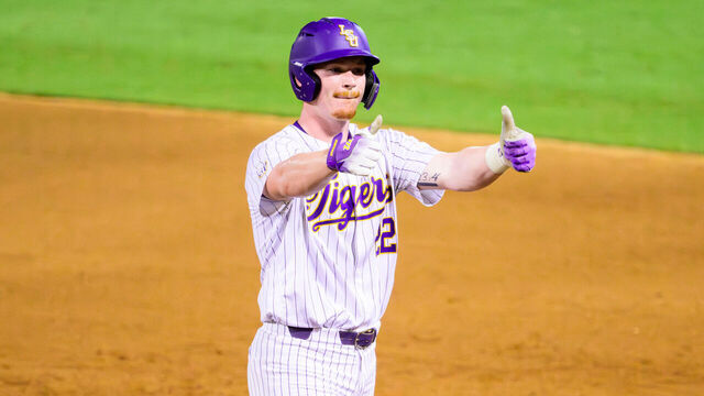 BATON ROUGE, LA - MAY 30: Jared Jones #22 of the LSU Tigers in action against the Little Rock Trojans during the NCAA Baton Rouge Regional on May 30, 2025 at Alex Box Stadium in Baton Rouge, Louisiana.