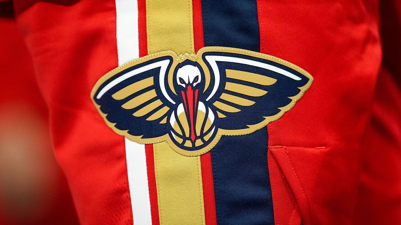 DETROIT, MICHIGAN - MARCH 23: A detail of the New Orleans Pelicans logo on a uniform during the game against the Detroit Pistons at Little Caesars Arena on March 23, 2025 in Detroit, Michigan.