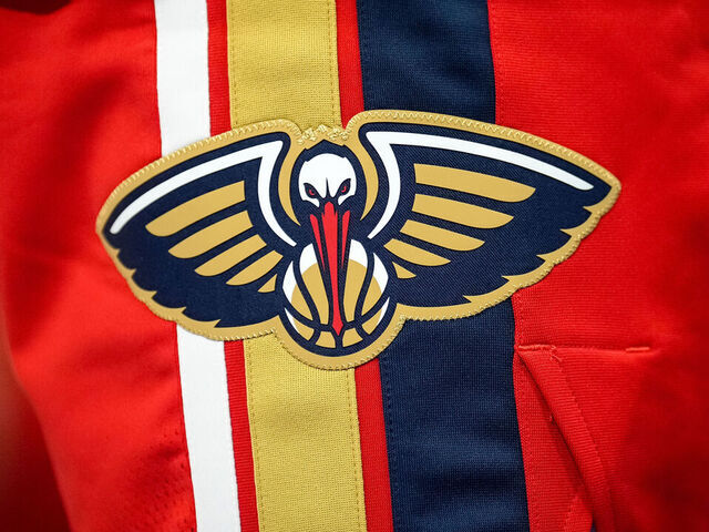 DETROIT, MICHIGAN - MARCH 23: A detail of the New Orleans Pelicans logo on a uniform during the game against the Detroit Pistons at Little Caesars Arena on March 23, 2025 in Detroit, Michigan.