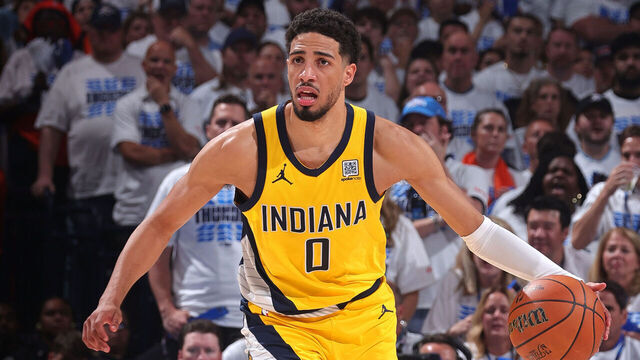 OKLAHOMA CITY, OK - JUNE 16: Tyrese Haliburton #0 of the Indiana Pacers brings the ball up court during the game against the Oklahoma City Thunder during Game Five of the 2025 NBA Finals on June 16, 2025 at Paycom Center in Oklahoma City, Oklahoma. Mandatory Copyright Notice: Copyright 2025 NBAE