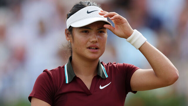LONDON, ENGLAND - JUNE 13: Emma Raducanu of Great Britain looks on against Zheng Qinwen of People's Republic of China during the Women's Singles Quarter Final match on Day Five of the 2025 HSBC Championships at The Queen's Club on June 13, 2025 in London, England.