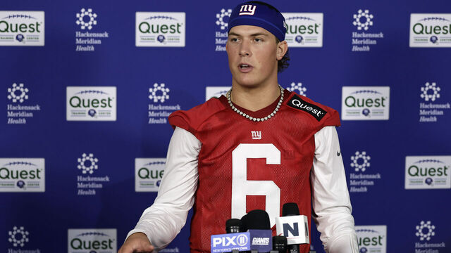 EAST RUTHERFORD, NEW JERSEY - MAY 09: Jaxson Dart #6 of the New York Giants speaks with the media after rookie minicamp at NY Giants Quest Diagnostics Training Center on May 09, 2025 in East Rutherford, New Jersey.