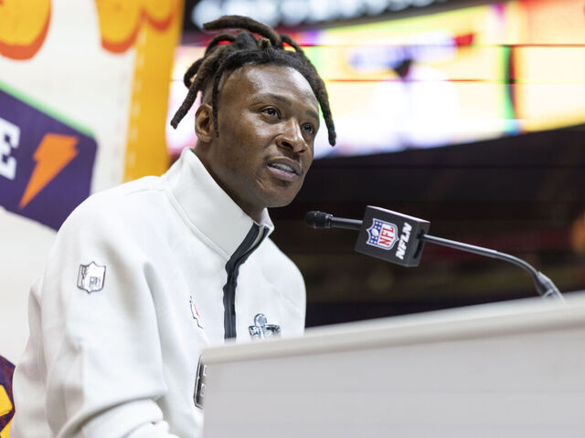 NEW ORLEANS, LOUISIANA - FEBRUARY 3: DeAndre Hopkins #8 of the Kansas City Chiefs does an interview during Super Bowl LIX Opening Night on February 02, 2025 in New Orleans, Louisiana.