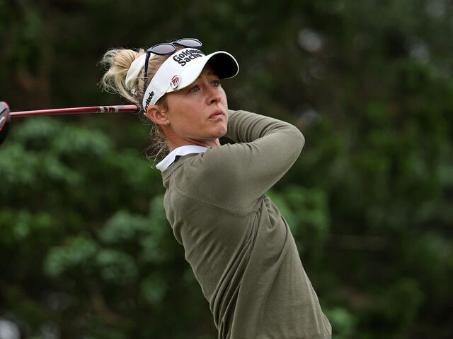 GALLOWAY, NEW JERSEY - JUNE 08: Nelly Korda of the United States hits her tee shot on the eighth hole during the final round of the ShopRite LPGA Classic presented by Acer 2025 at Seaview Bay Course on June 08, 2025 in Galloway, New Jersey.