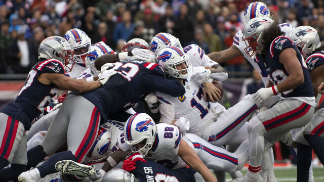 Foxborough, MA - October 22: Buffalo Bills QB Josh Allen scores on a QB sneak in the fourth quarter. The Bills lost to the New England Patriots, 29-25.