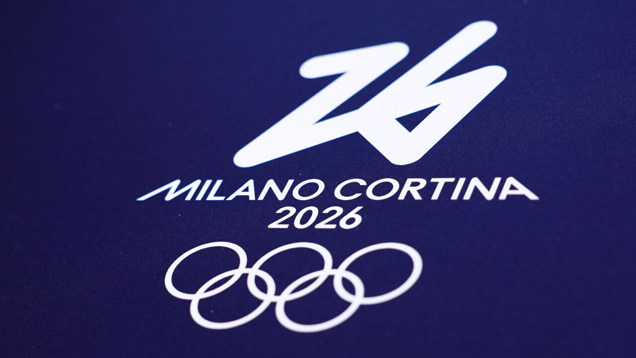 Logo is seen at the Milano Cortina 2026 Winter Olympic Games promotion at Piazza del Duomo in Milan, Italy on March 2, 2025.