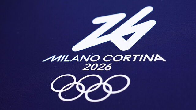 Logo is seen at the Milano Cortina 2026 Winter Olympic Games promotion at Piazza del Duomo in Milan, Italy on March 2, 2025.