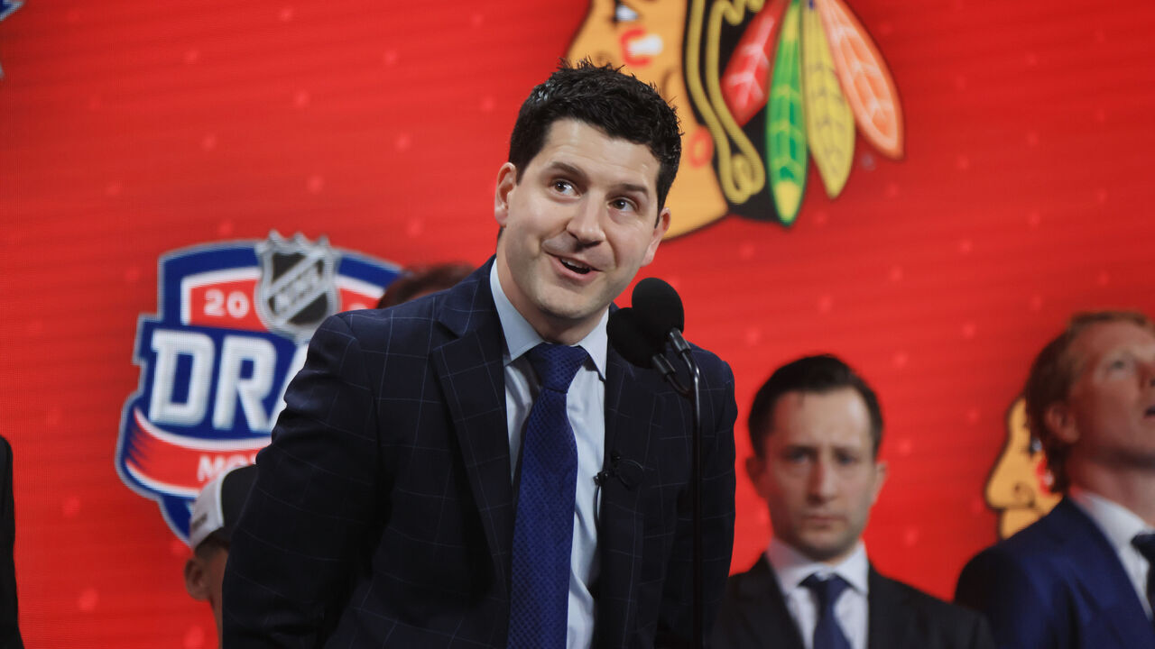 MONTREAL, QUEBEC - JULY 07: Kyle Davidson of the Chicago Blackhawks attends the 2022 NHL Draft at the Bell Centre on July 07, 2022 in Montreal, Quebec, Canada.