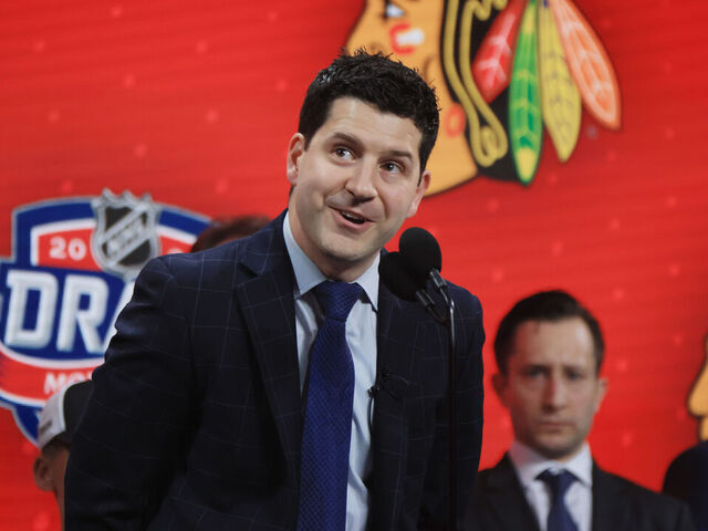 MONTREAL, QUEBEC - JULY 07: Kyle Davidson of the Chicago Blackhawks attends the 2022 NHL Draft at the Bell Centre on July 07, 2022 in Montreal, Quebec, Canada.