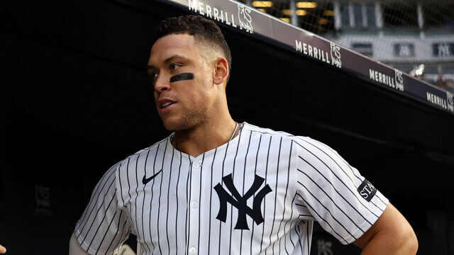 NEW YORK, NY - JUNE 16: Giancarlo Stanton #27 speaks to Aaron Judge #99 of the New York Yankees in the dugout during the game against the Los Angeles Angels at Yankee Stadium on June 16, 2025 in New York, New York.