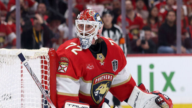 SUNRISE, FLORIDA - JUNE 17: Sergei Bobrovsky #72 of the Florida Panthers looks on during the first period in Game Six of the 2025 Stanley Cup Final against the Edmonton Oilers at Amerant Bank Arena on June 17, 2025 in Sunrise, Florida.