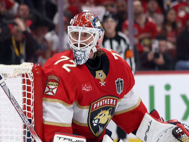 SUNRISE, FLORIDA - JUNE 17: Sergei Bobrovsky #72 of the Florida Panthers looks on during the first period in Game Six of the 2025 Stanley Cup Final against the Edmonton Oilers at Amerant Bank Arena on June 17, 2025 in Sunrise, Florida.