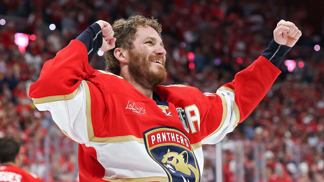 SUNRISE, FLORIDA - JUNE 17: Matthew Tkachuk #19 of the Florida Panthers celebrates after his team defeated the Edmonton Oilers to win the Stanley Cup in Game Six of the 2025 Stanley Cup Final at Amerant Bank Arena on June 17, 2025 in Sunrise, Florida.