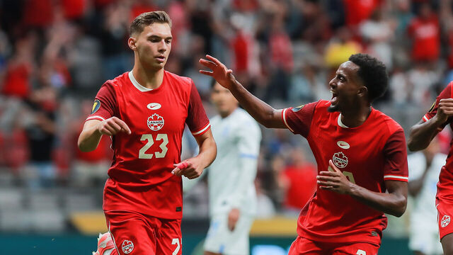 VANCOUVER, BRITISH COLUMBIA - JUNE 17: Niko Sigur #23 of Team Canada celebrates his goal during the Group Stage - Group B match between Canada and Honduras as part of the 2025 CONCACAF Gold Cup at BC Place on June 17, 2025 in Vancouver, British Columbia.