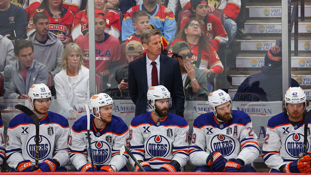 SUNRISE, FLORIDA - JUNE 17: Head coach Kris Knoblauch of the Edmonton Oilers looks on before the start of the first period in Game Six of the 2025 Stanley Cup Final against the Florida Panthers at Amerant Bank Arena on June 17, 2025 in Sunrise, Florida.