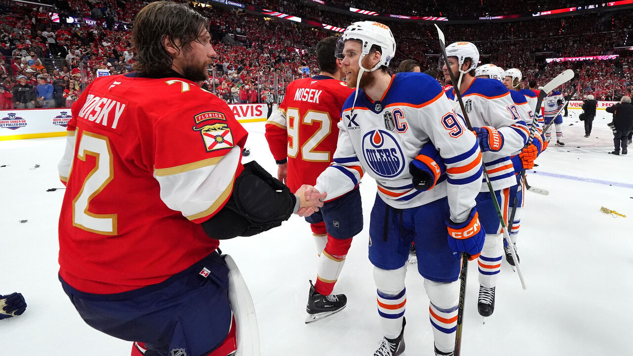 SUNRISE, FLORIDA - JUNE 17: Sergei Bobrovsky #72 of the Florida Panthers and Connor McDavid #97 of the Edmonton Oilers shake hands after Game Six of the 2025 Stanley Cup Final between the Edmonton Oilers and the Florida Panthers at Amerant Bank Arena on June 17, 2025 in Sunrise, Florida. The Panthers won the Stanley Cup Final series 4-2.
