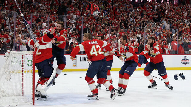 SUNRISE, FLORIDA - JUNE 17: (L-R) Sergei Bobrovsky #72, Matthew Tkachuk #19, Gustav Forsling #42, Tomas Nosek #92, Jonah Gadjovich #12 and Evan Rodrigues #17 of the Florida Panthers celebrate winning the Stanley Cup in Game Six of the 2025 Stanley Cup Finals at Amerant Bank Arena on June 17, 2025 in Sunrise, Florida.