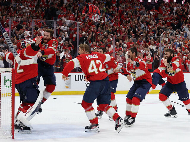 SUNRISE, FLORIDA - JUNE 17: (L-R) Sergei Bobrovsky #72, Matthew Tkachuk #19, Gustav Forsling #42, Tomas Nosek #92, Jonah Gadjovich #12 and Evan Rodrigues #17 of the Florida Panthers celebrate winning the Stanley Cup in Game Six of the 2025 Stanley Cup Finals at Amerant Bank Arena on June 17, 2025 in Sunrise, Florida.