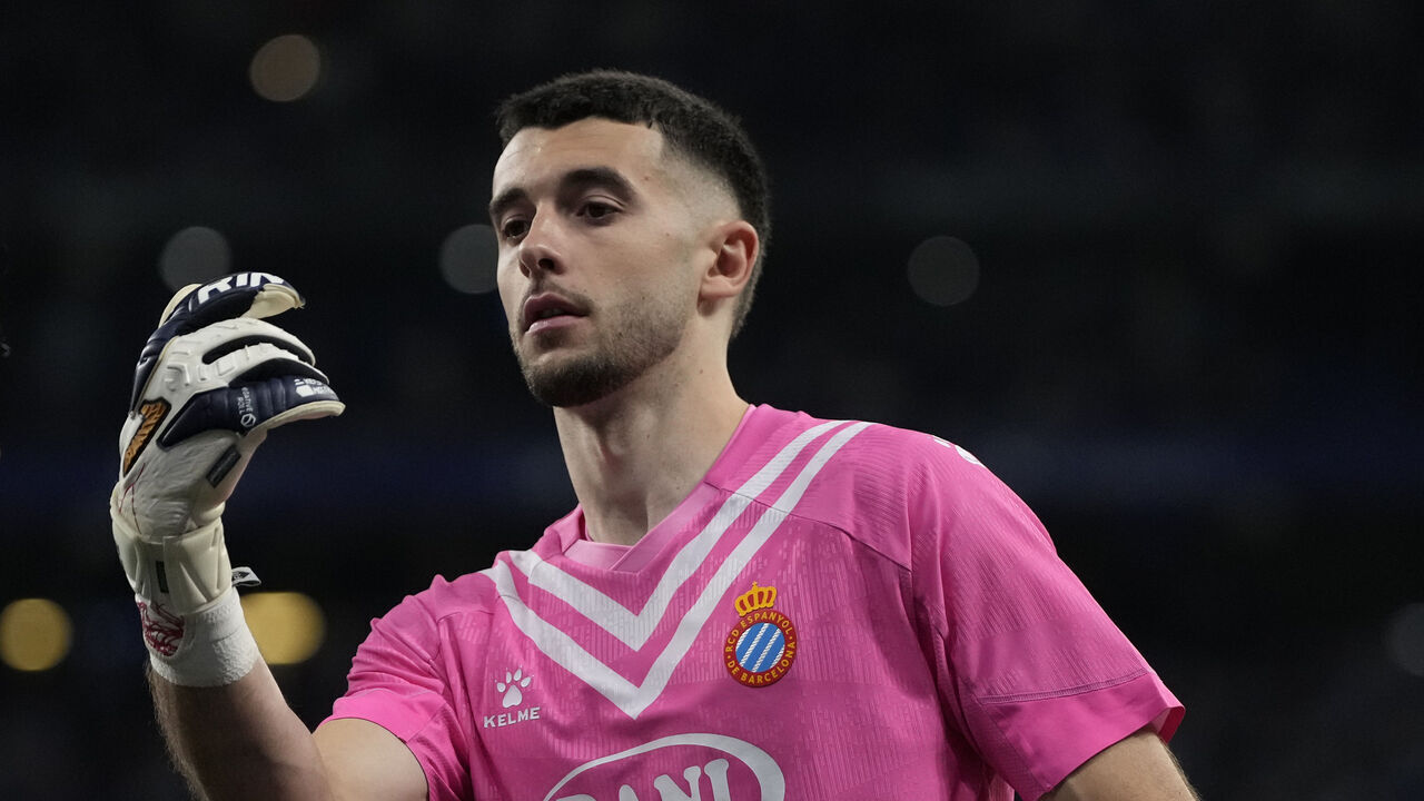 BARCELONA, SPAIN - MAY 14: Joan Garcia goalkeeper of Espanyol and Spain during the LaLiga match between RCD Espanyol de Barcelona and FC Barcelona at RCDE Stadium on May 14, 2025 in Barcelona, Spain.