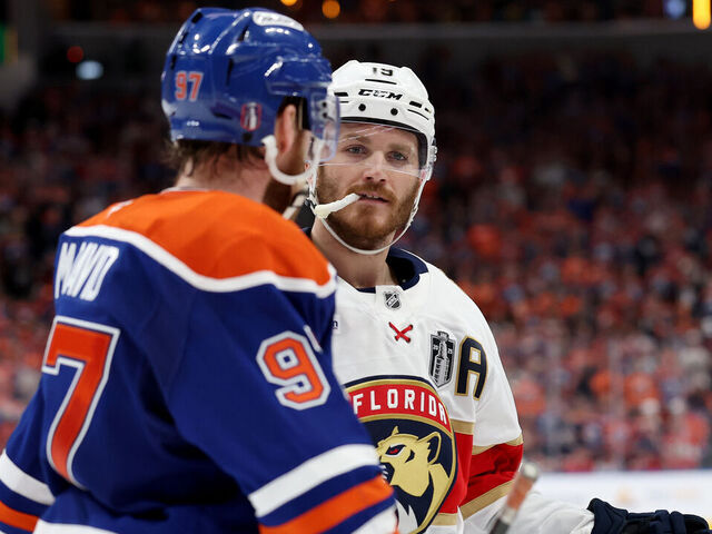 EDMONTON, CANADA - JUNE 06: Connor McDavid #97 of the Edmonton Oilers and Matthew Tkachuk #19 of the Florida Panthers during the third period in Game Two of the 2025 Stanley Cup Final at Rogers Place on June 06, 2025 in Edmonton, Alberta, Canada.