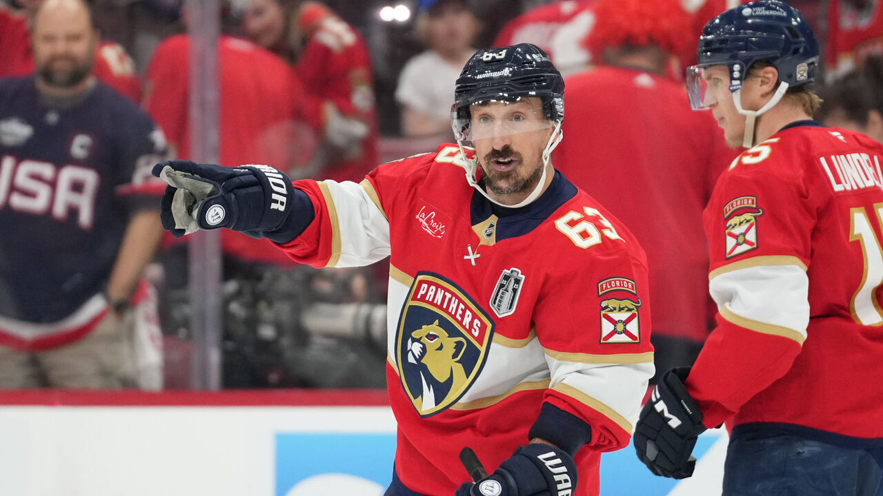 SUNRISE, FL - JUNE 17: Florida Panthers center Brad Marchand (63) signals to an official in the second periodduring game six of the Stanley Cup Final between the Edmonton Oilers at the Florida Panthers on Tuesday, June 17, 2025 at Amerant Bank Arena in Sunrise, FL.