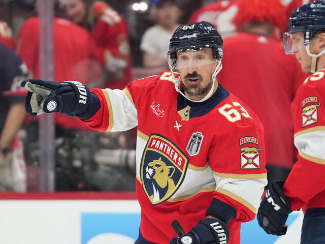 SUNRISE, FL - JUNE 17: Florida Panthers center Brad Marchand (63) signals to an official in the second periodduring game six of the Stanley Cup Final between the Edmonton Oilers at the Florida Panthers on Tuesday, June 17, 2025 at Amerant Bank Arena in Sunrise, FL.