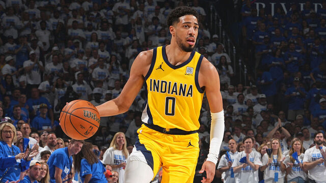OKLAHOMA CITY, OK - JUNE 16: Tyrese Haliburton #0 of the Indiana Pacers dribbles the ball during the game against the Oklahoma City Thunder during Game Five of the 2025 NBA Finals on June 16, 2025 at Paycom Center in Oklahoma City, Oklahoma. Mandatory Copyright Notice: Copyright 2025 NBAE