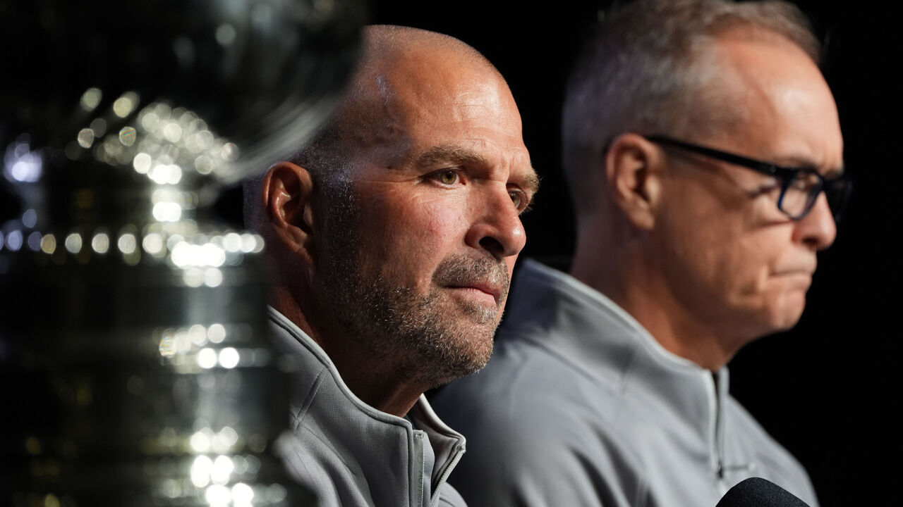 EDMONTON, ALBERTA - JUNE 03: General manager Bill Zito and head coach Paul Maurice speak during Media Day prior to the 2025 Stanley Cup Final between the Florida Panthers and the Edmonton Oilers at Rogers Place on June 03, 2025 in Edmonton, Alberta.