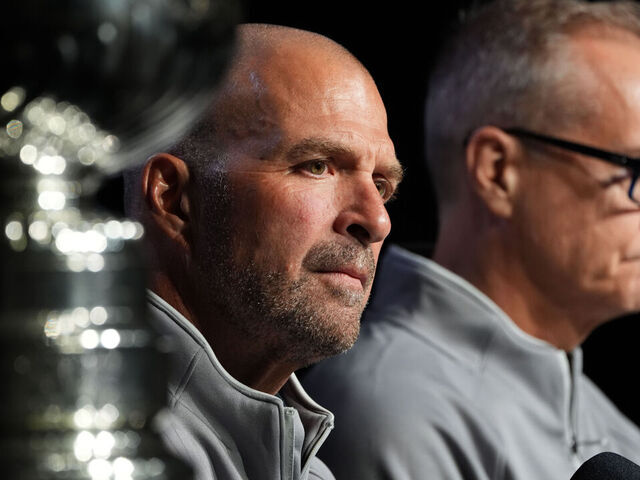 EDMONTON, ALBERTA - JUNE 03: General manager Bill Zito and head coach Paul Maurice speak during Media Day prior to the 2025 Stanley Cup Final between the Florida Panthers and the Edmonton Oilers at Rogers Place on June 03, 2025 in Edmonton, Alberta.