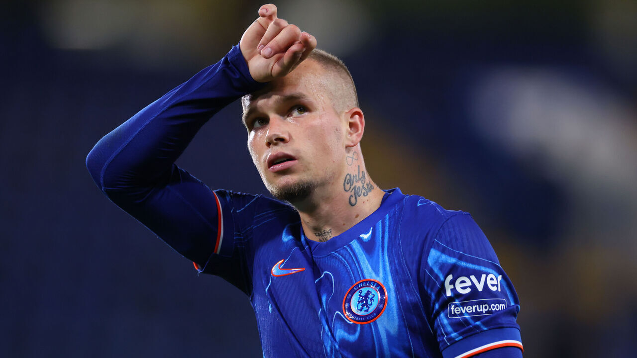LONDON, ENGLAND - AUGUST 22: Mykhailo Mudryk of Chelsea reacts during the UEFA Europa Conference League Play-Off 1st leg match between Chelsea v Servette FC at Stamford Bridge on August 22, 2024 in London, England.