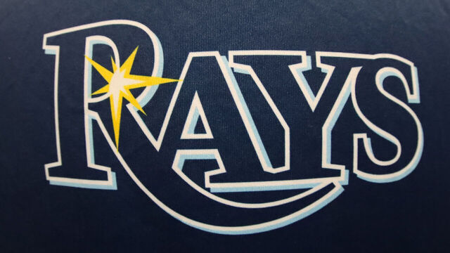 KANSAS CITY, MO - JULY 02: A view of the Tampa Bay Rays logo during an MLB game between the Tampa Bay Rays and Kansas City Royals on July 02, 2024 at Kauffman Stadium in Kansas City, MO.