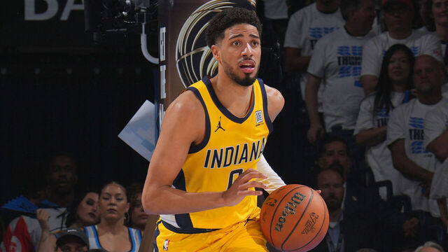OKLAHOMA CITY, OK - JUNE 16: Tyrese Haliburton #0 of the Indiana Pacers dribbles the ball during the game against the Oklahoma City Thunder during Game Five of the 2025 NBA Finals on June 16, 2025 at Paycom Center in Oklahoma City, Oklahoma. Mandatory Copyright Notice: Copyright 2025 NBAE