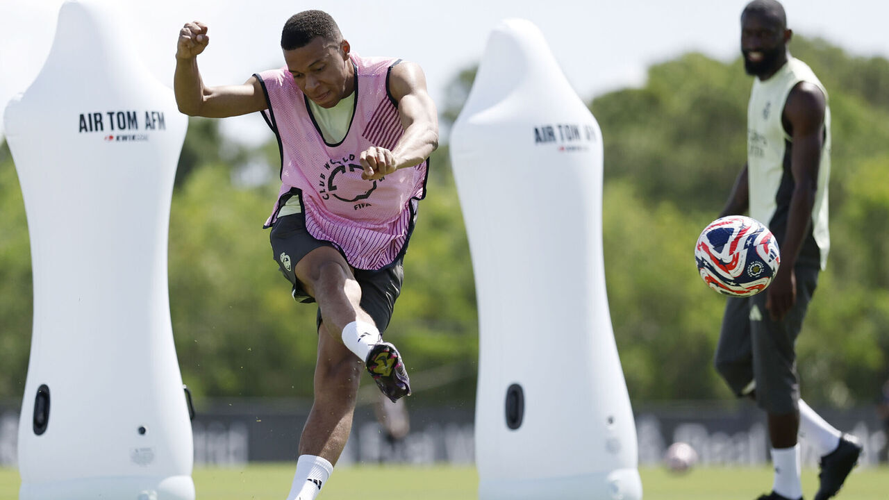 PALM BEACH, FLORIDA - JUNE 15: Kylian Mbappe player of Real Madrid is training on June 15, 2025 in Palm Beach, Florida.