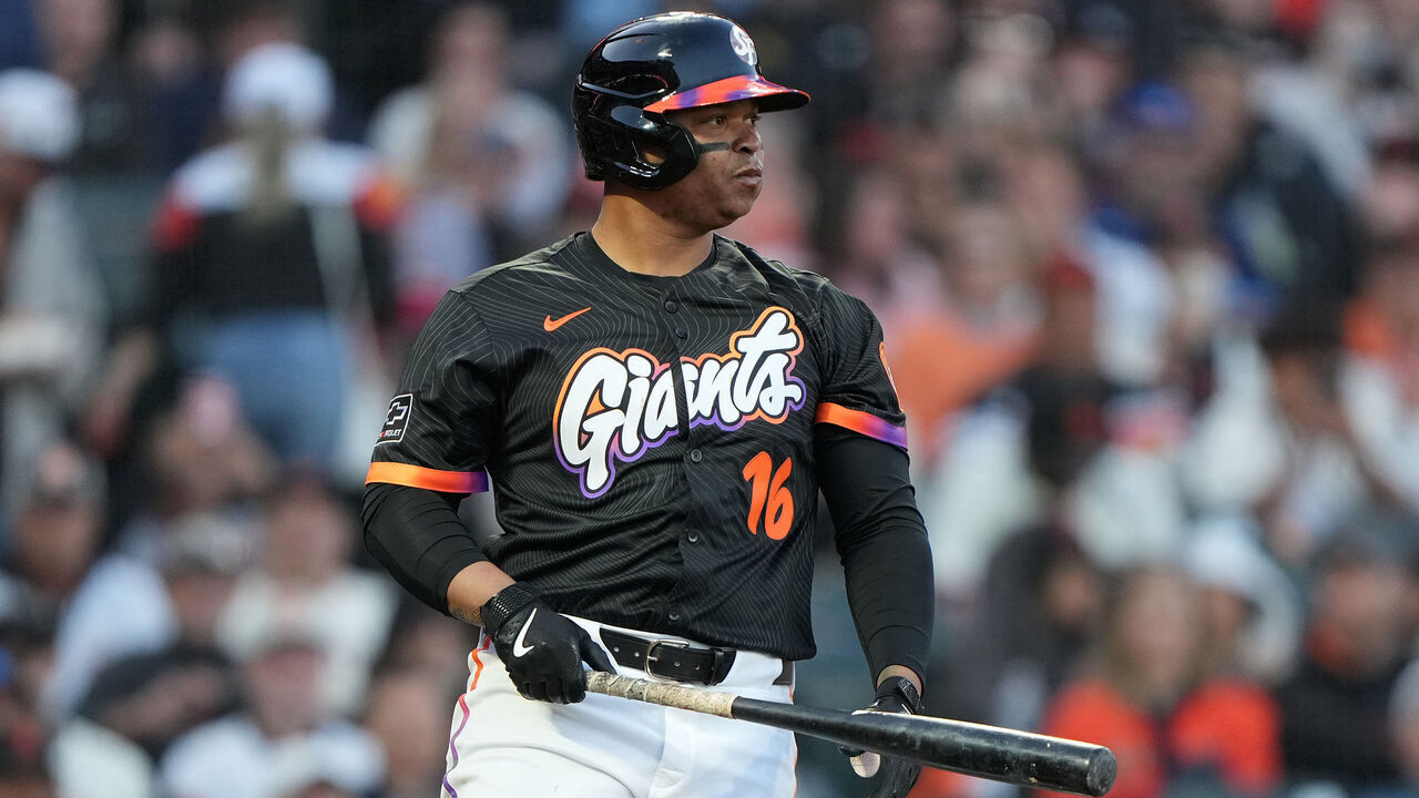 SAN FRANCISCO, CALIFORNIA - JUNE 17: Rafael Devers #16 of the San Francisco Giants looks on while standing at the plate against the Cleveland Guardians in the bottom of the fifth inning at Oracle Park on June 17, 2025 in San Francisco, California.