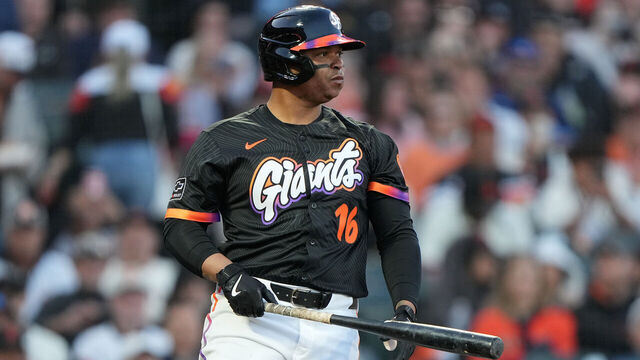 SAN FRANCISCO, CALIFORNIA - JUNE 17: Rafael Devers #16 of the San Francisco Giants looks on while standing at the plate against the Cleveland Guardians in the bottom of the fifth inning at Oracle Park on June 17, 2025 in San Francisco, California.