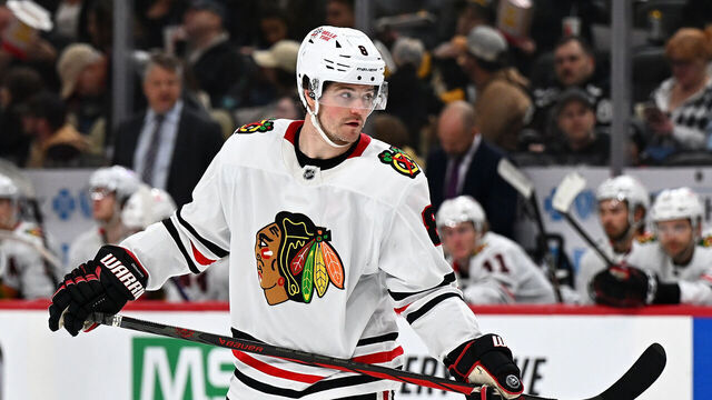 PITTSBURGH, PA - APRIL 08: Ryan Donato #8 of the Chicago Blackhawks skates during the game against the Pittsburgh Penguins at PPG PAINTS Arena on April 8, 2025 in Pittsburgh, Pennsylvania.