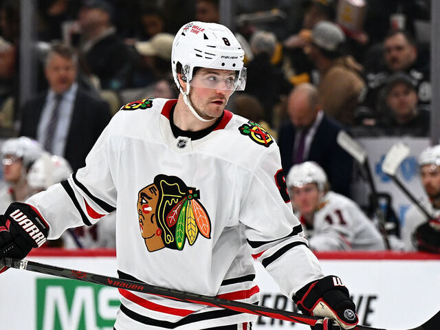 PITTSBURGH, PA - APRIL 08: Ryan Donato #8 of the Chicago Blackhawks skates during the game against the Pittsburgh Penguins at PPG PAINTS Arena on April 8, 2025 in Pittsburgh, Pennsylvania.