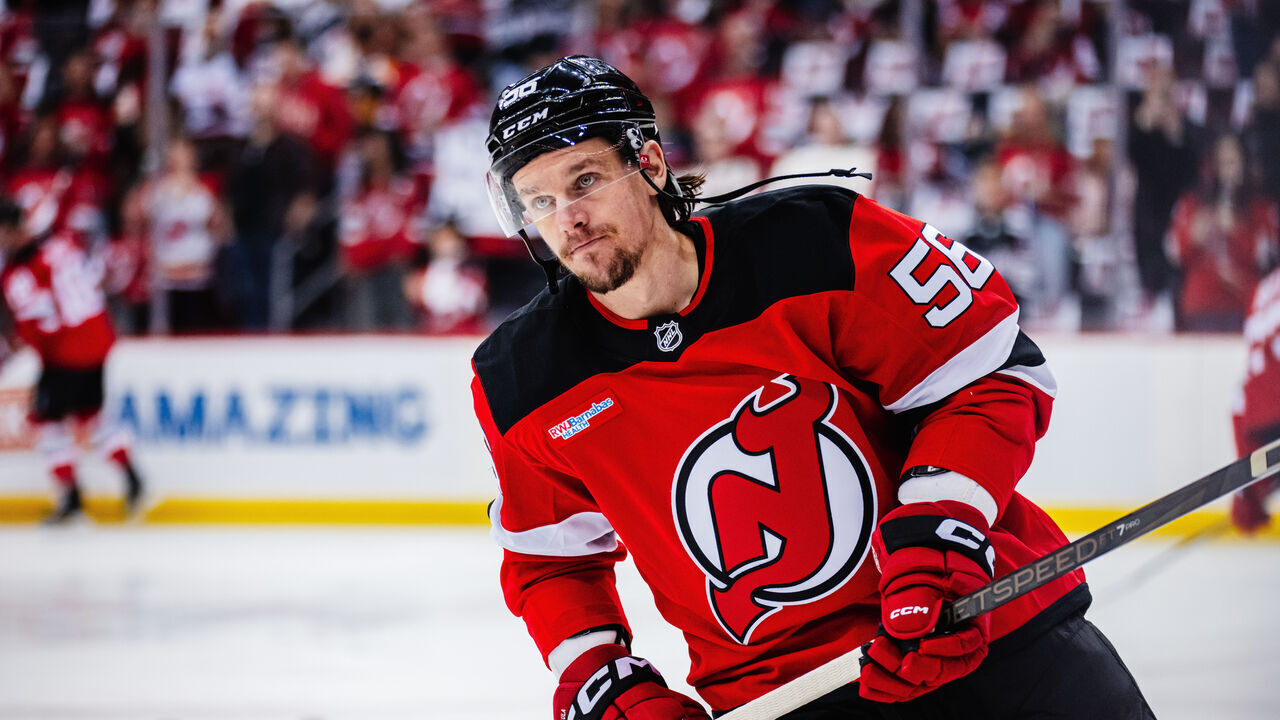 NEWARK, NEW JERSEY - APRIL 25: Erik Haula #56 of the New Jersey Devils takes warmups prior to Game Three of the First Round of the 2025 Stanley Cup Playoffs against the Carolina Hurricanes at Prudential Center on April 25, 2025 in Newark, New Jersey.