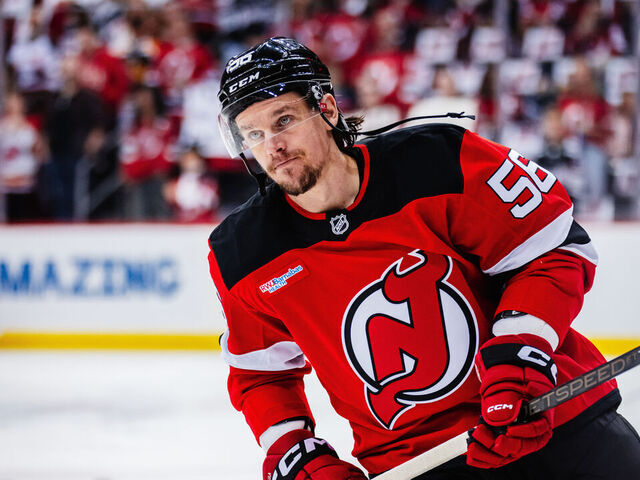 NEWARK, NEW JERSEY - APRIL 25: Erik Haula #56 of the New Jersey Devils takes warmups prior to Game Three of the First Round of the 2025 Stanley Cup Playoffs against the Carolina Hurricanes at Prudential Center on April 25, 2025 in Newark, New Jersey.