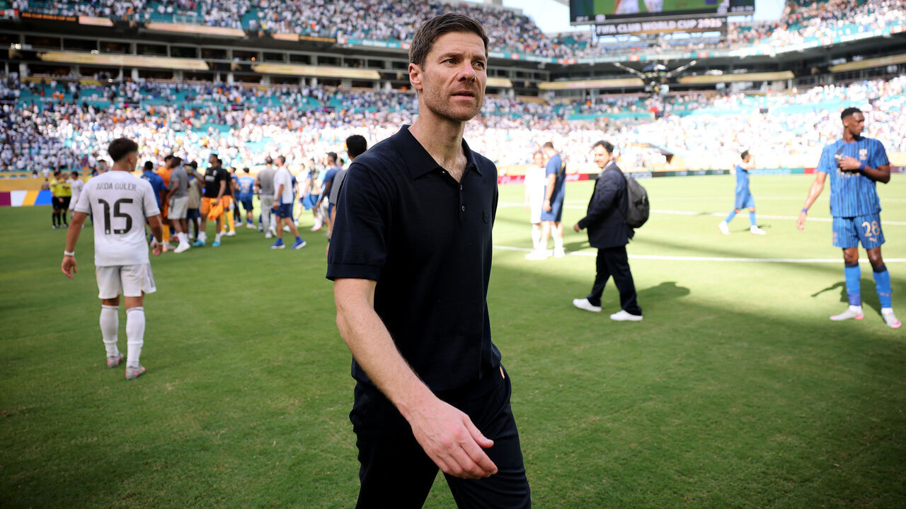 MIAMI GARDENS, FLORIDA - JUNE 18: Xabi Alonso, Head Coach of Real Madrid C. F., leaves the pitch following the FIFA Club World Cup 2025 group H match between Real Madrid CF and Al Hilal at Hard Rock Stadium on June 18, 2025 in Miami Gardens, Florida.