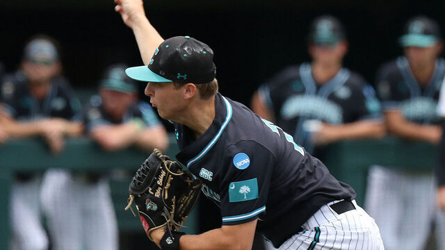 CLEMSON, SC - MAY 31: Coastal Carolina Chanticleer pitcher Riley Eikhoff (26) releases the ball for a pitch during the NCAA Division 1 Regional College Baseball game between the Coastal Carolina Chanticleers and the Vanderbilt Commodores on May 31, 2024, at Doug Kingsmore Stadium in Clemson, S.C.