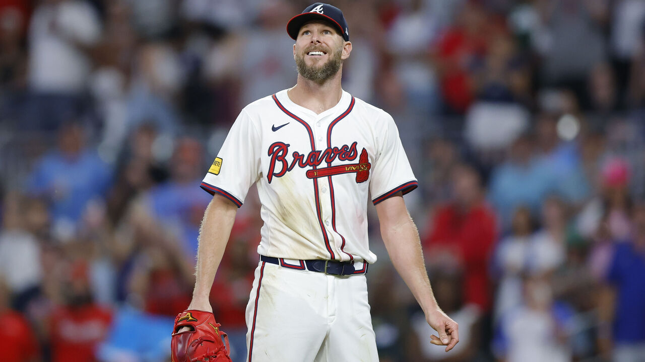 ATLANTA, GEORGIA - JUNE 18: Chris Sale #51 of the Atlanta Braves reacts during the ninth inning against the New York Mets at Truist Park on June 18, 2025 in Atlanta, Georgia.
