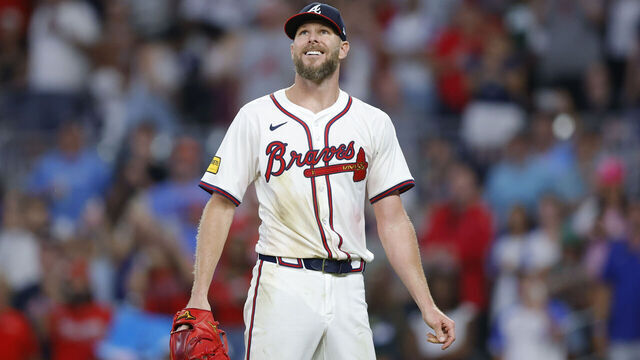 ATLANTA, GEORGIA - JUNE 18: Chris Sale #51 of the Atlanta Braves reacts during the ninth inning against the New York Mets at Truist Park on June 18, 2025 in Atlanta, Georgia.
