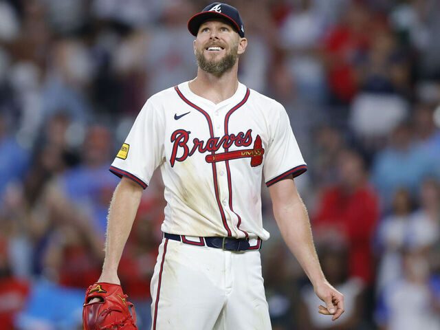ATLANTA, GEORGIA - JUNE 18: Chris Sale #51 of the Atlanta Braves reacts during the ninth inning against the New York Mets at Truist Park on June 18, 2025 in Atlanta, Georgia.